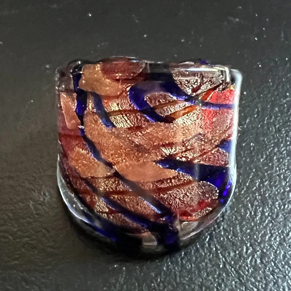 Art Glass Womens Statement Ring‎ White Purple Murano Style Wide Band Size 5